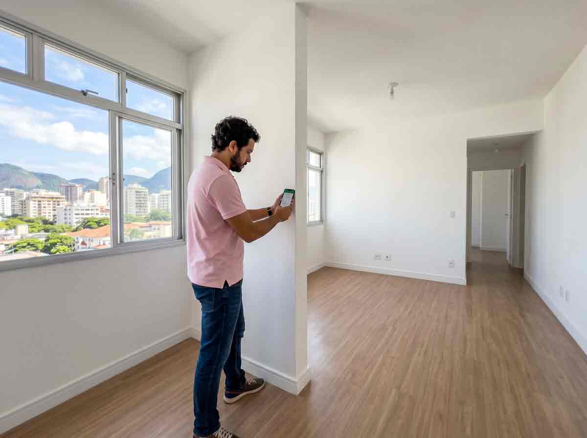 Vistoriador utilizando o aplicativo Hauseful para registrar a vistoria de um imóvel