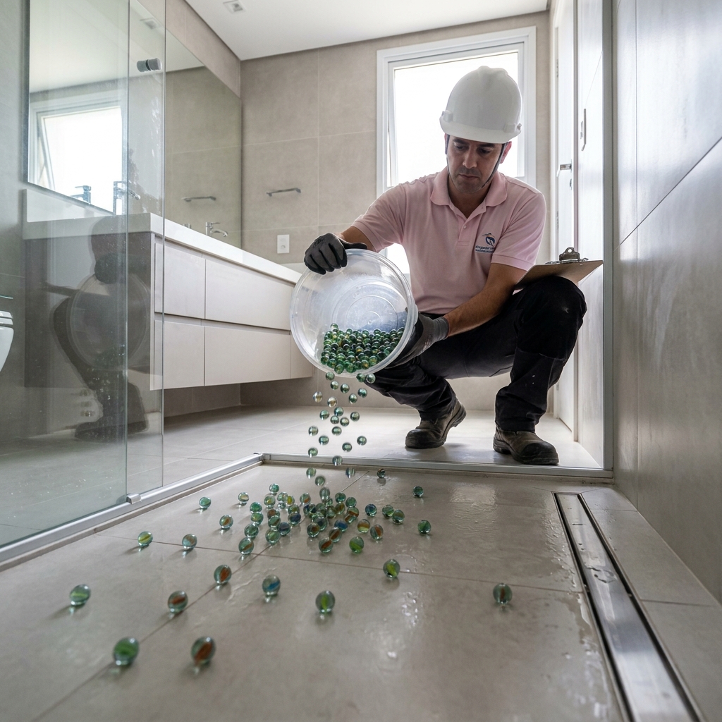 Teste de caimento de piso com bolinhas de gude em área molhada