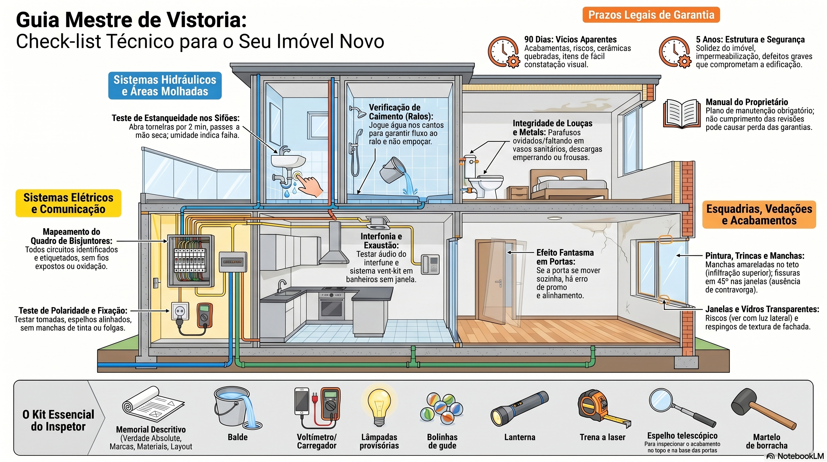 Guia Mestre de Vistoria: check-list técnico do imóvel novo com sistemas hidráulicos, elétricos, esquadrias, acabamentos, prazos de garantia e kit do inspetor