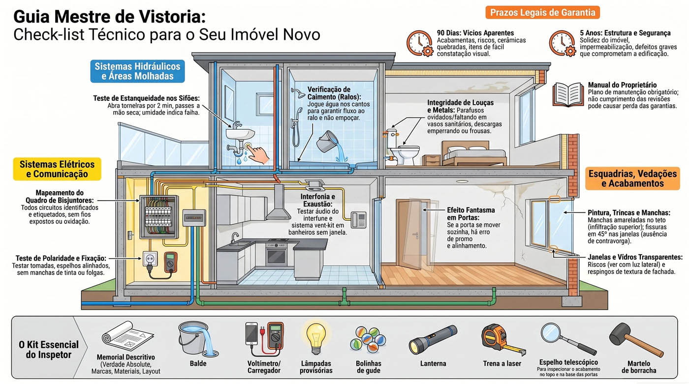 Guia Mestre de Vistoria: check-list técnico do imóvel novo com sistemas hidráulicos, elétricos, esquadrias, acabamentos, prazos de garantia e kit do inspetor