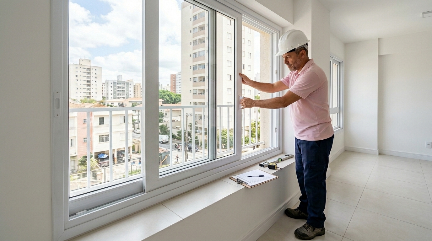 Vistoriador verificando o funcionamento e a vedação de uma janela em imóvel novo